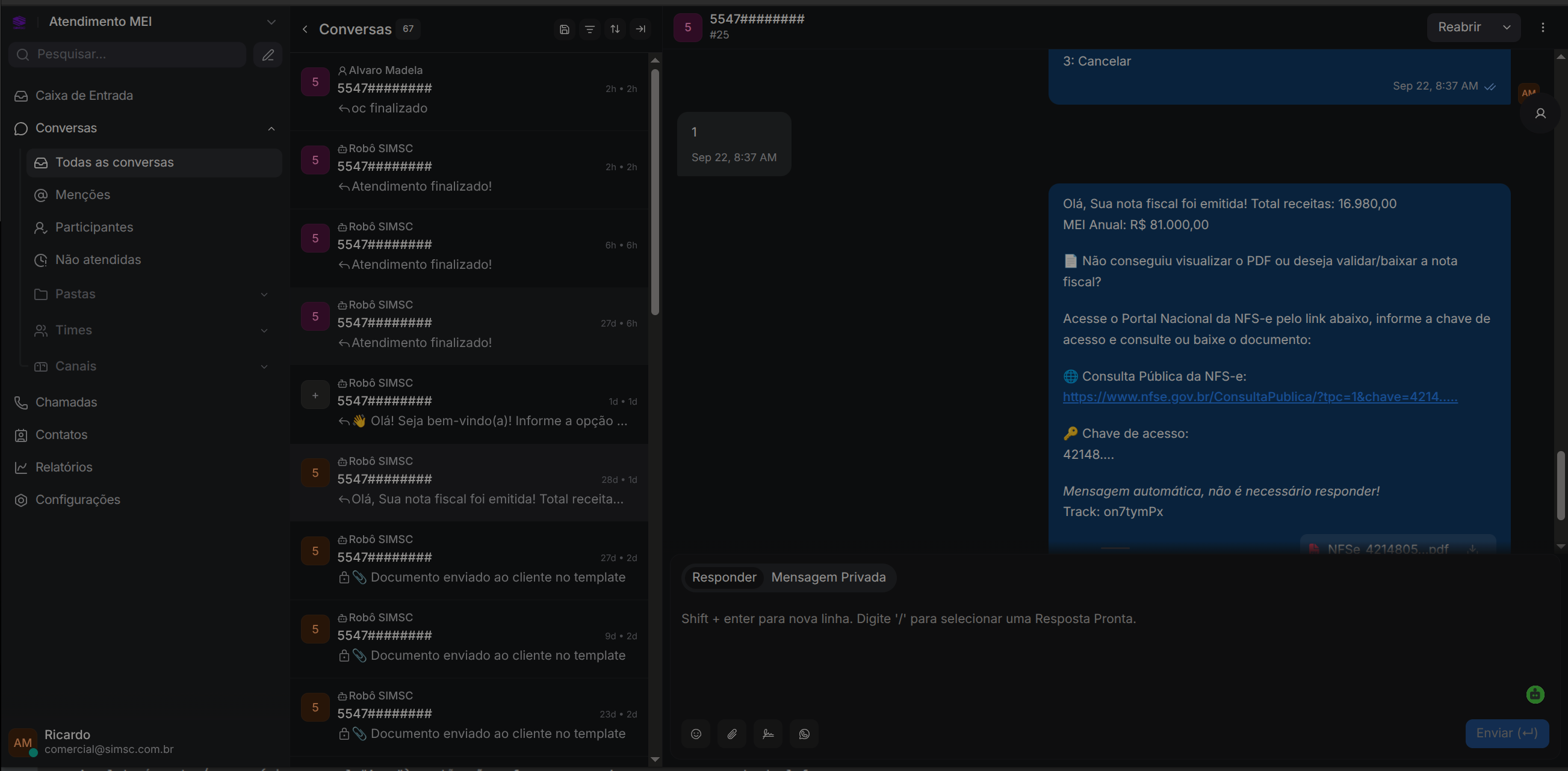 Plataforma SIMSC Chat: central de atendimentos de WhatsApp com lista de conversas, times e histórico completo